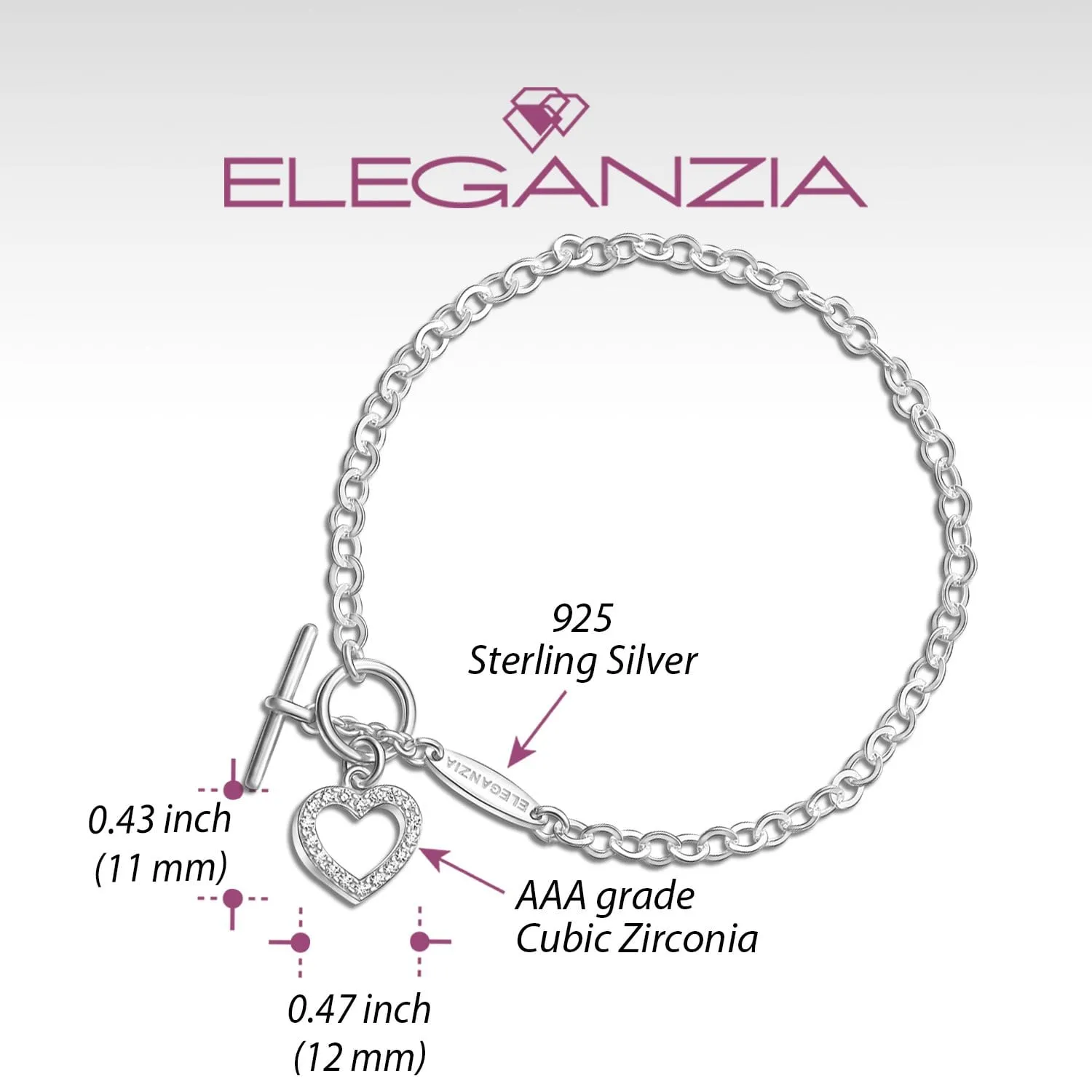 CZ Open Heart Bracelet in T-Bar Silver Chain