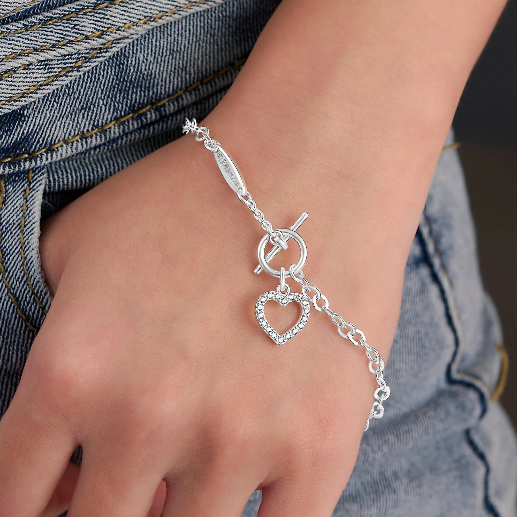 CZ Open Heart Bracelet in T-Bar Silver Chain