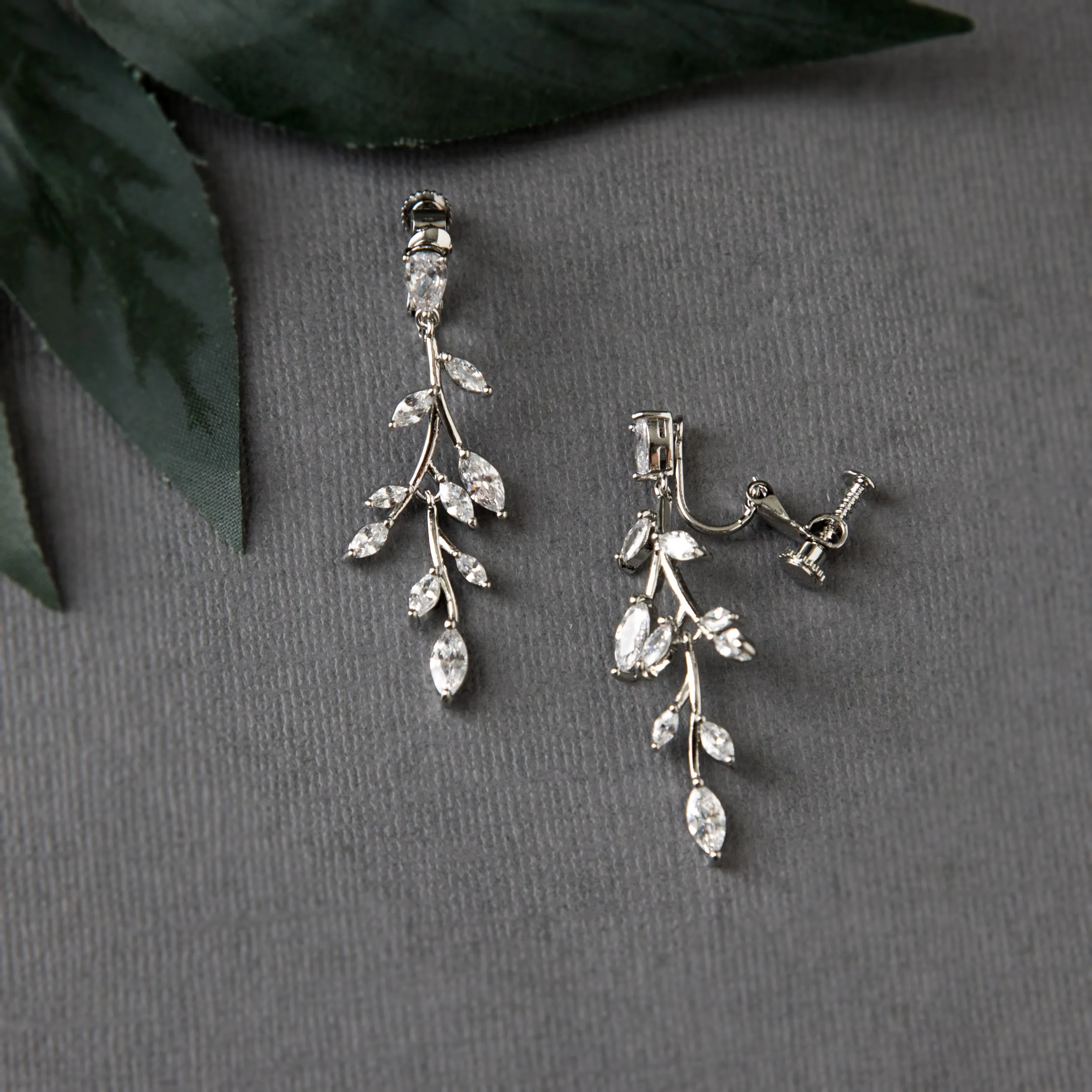 CZ Vine Drop Screw Back Earrings