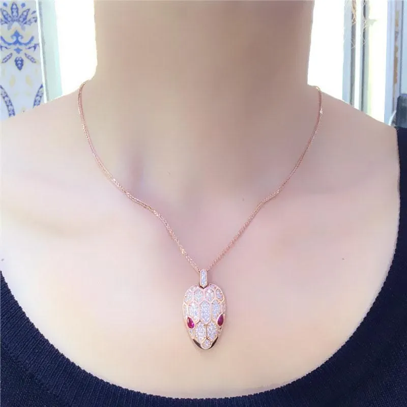 Elegant Crystal Snake Head Ruby Pendant Necklace