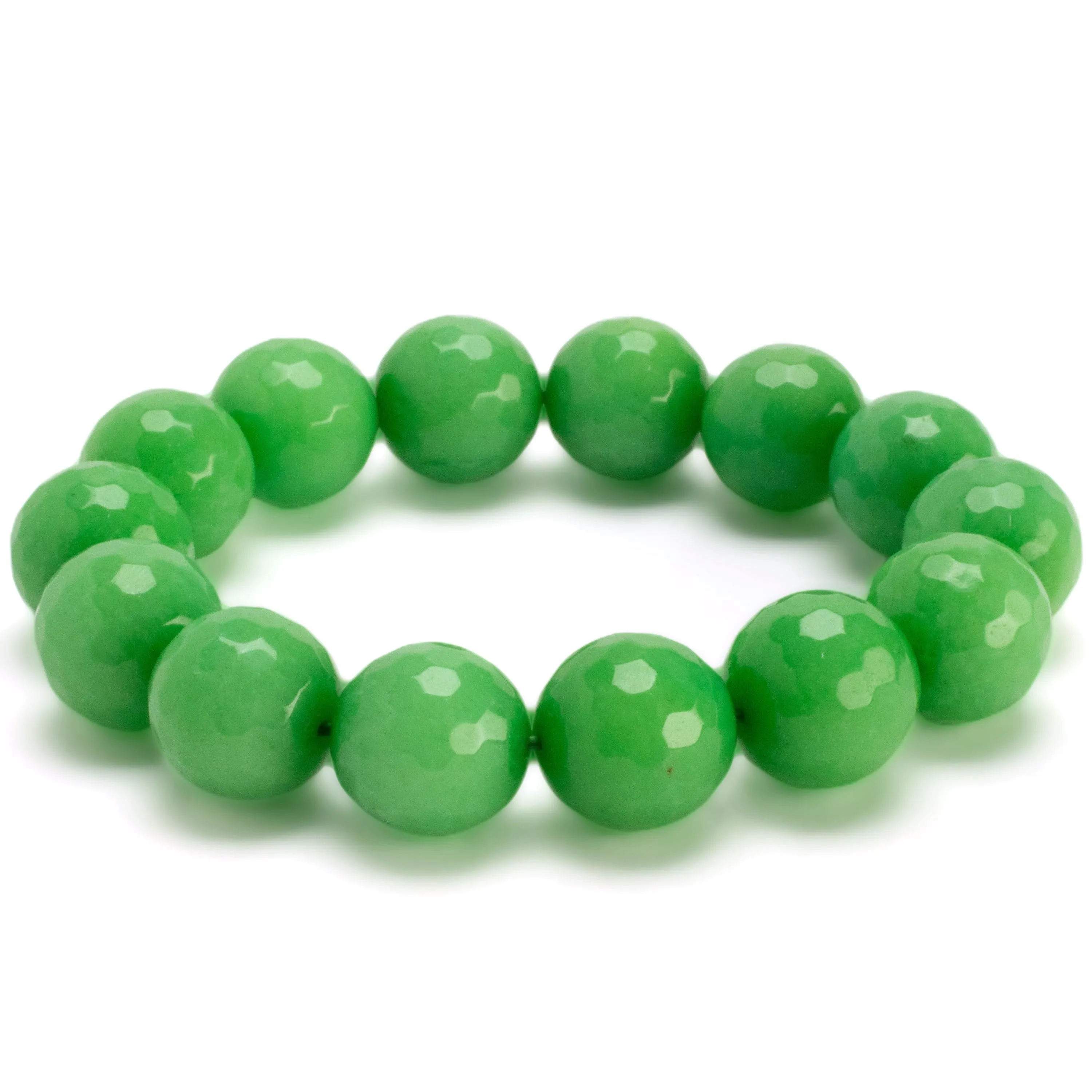 Faceted Green Color Enhanced Jade 14mm Gemstone Bead Elastic Bracelet