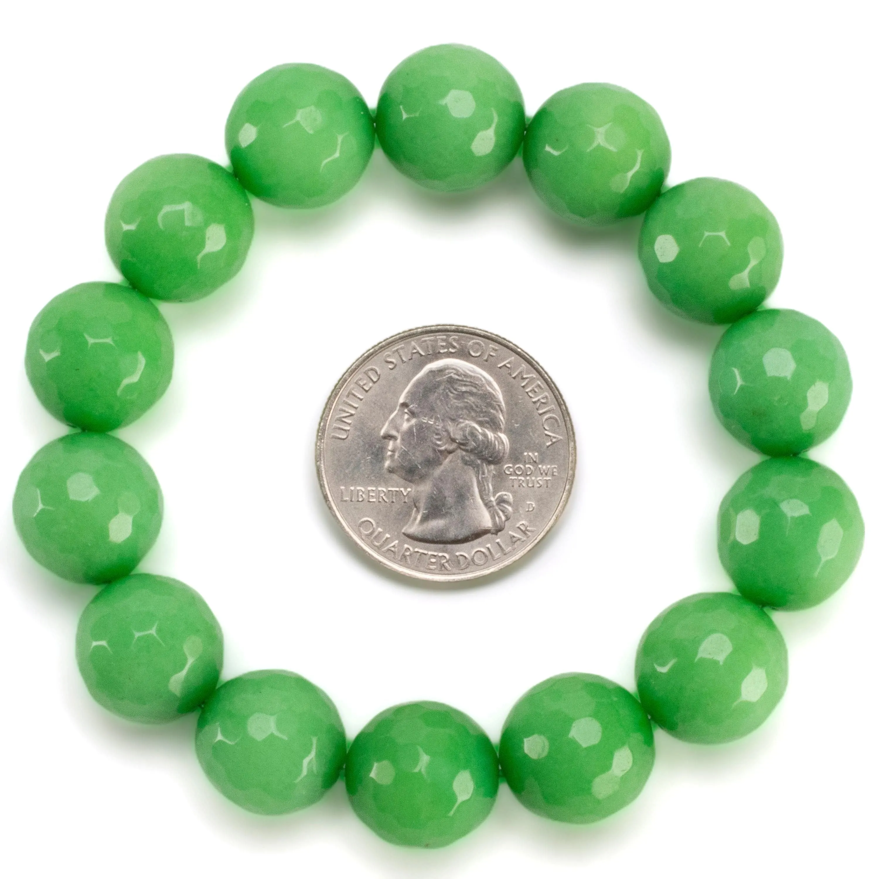 Faceted Green Color Enhanced Jade 14mm Gemstone Bead Elastic Bracelet