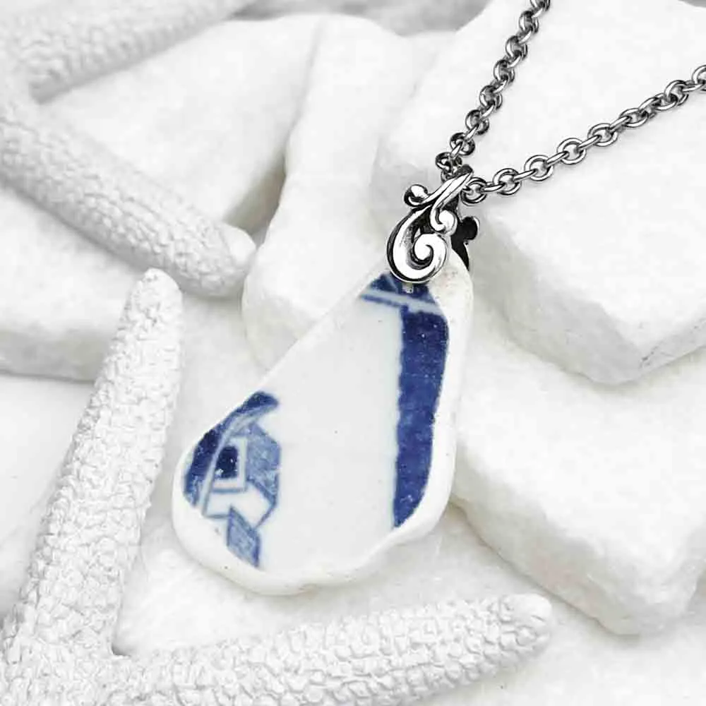 Fascinating Scottish Blue and White Sea Shard Pottery Pendant | #1978