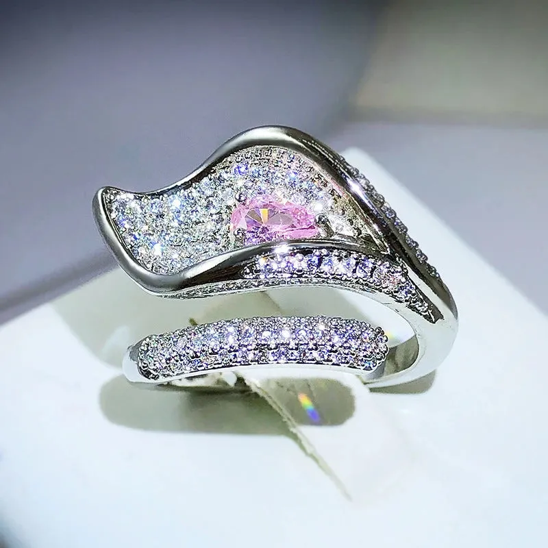 Fashion Micro-encrusted Pink Sapphire Diamond Leaf Ring