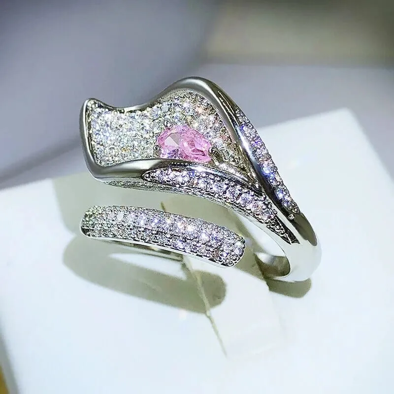 Fashion Micro-encrusted Pink Sapphire Diamond Leaf Ring