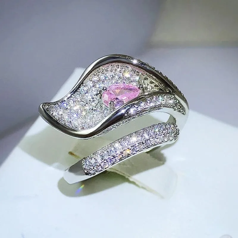 Fashion Micro-encrusted Pink Sapphire Diamond Leaf Ring