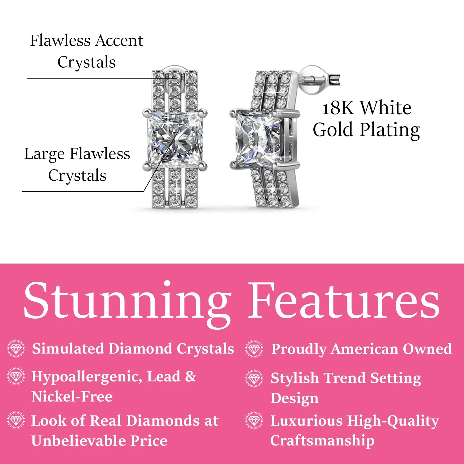 Fiona 18k White Gold Stud Earrings with Princess Cut Crystals