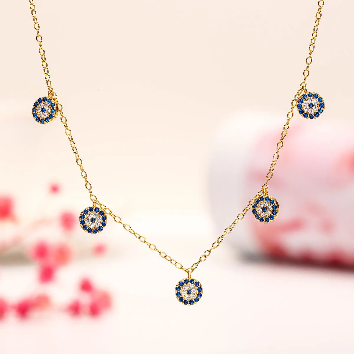 Five Sapphire Diamond Round Pendants Necklace