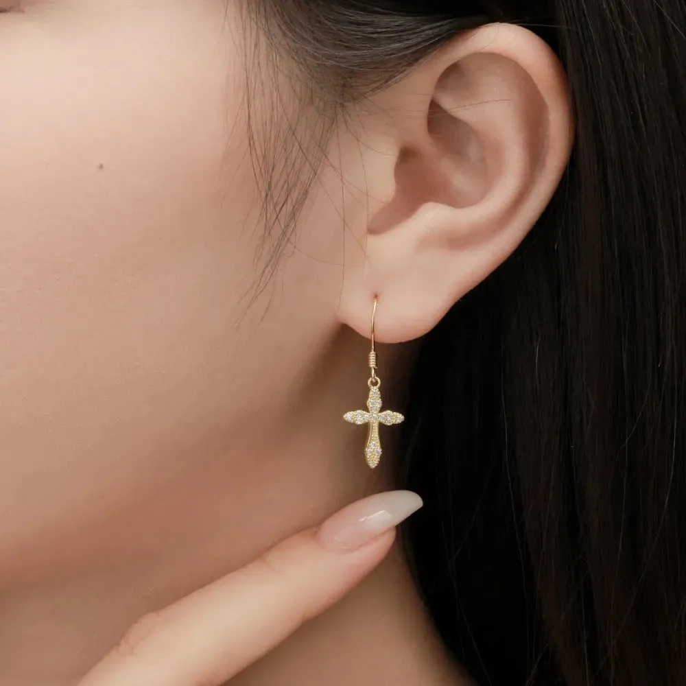 French Hook Pave Cross Drop Earrings