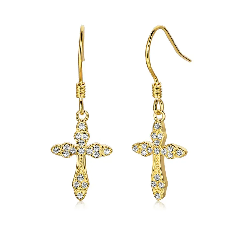 French Hook Pave Cross Drop Earrings