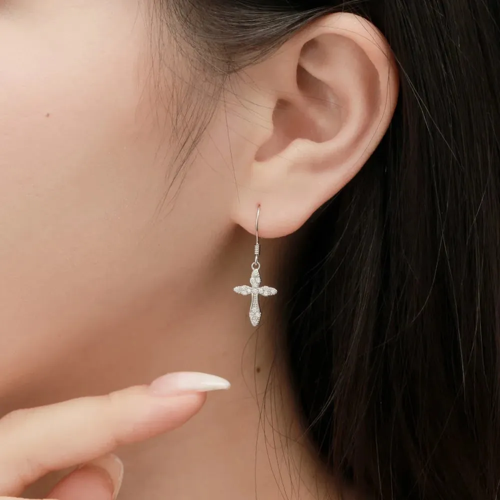 French Hook Pave Cross Drop Earrings