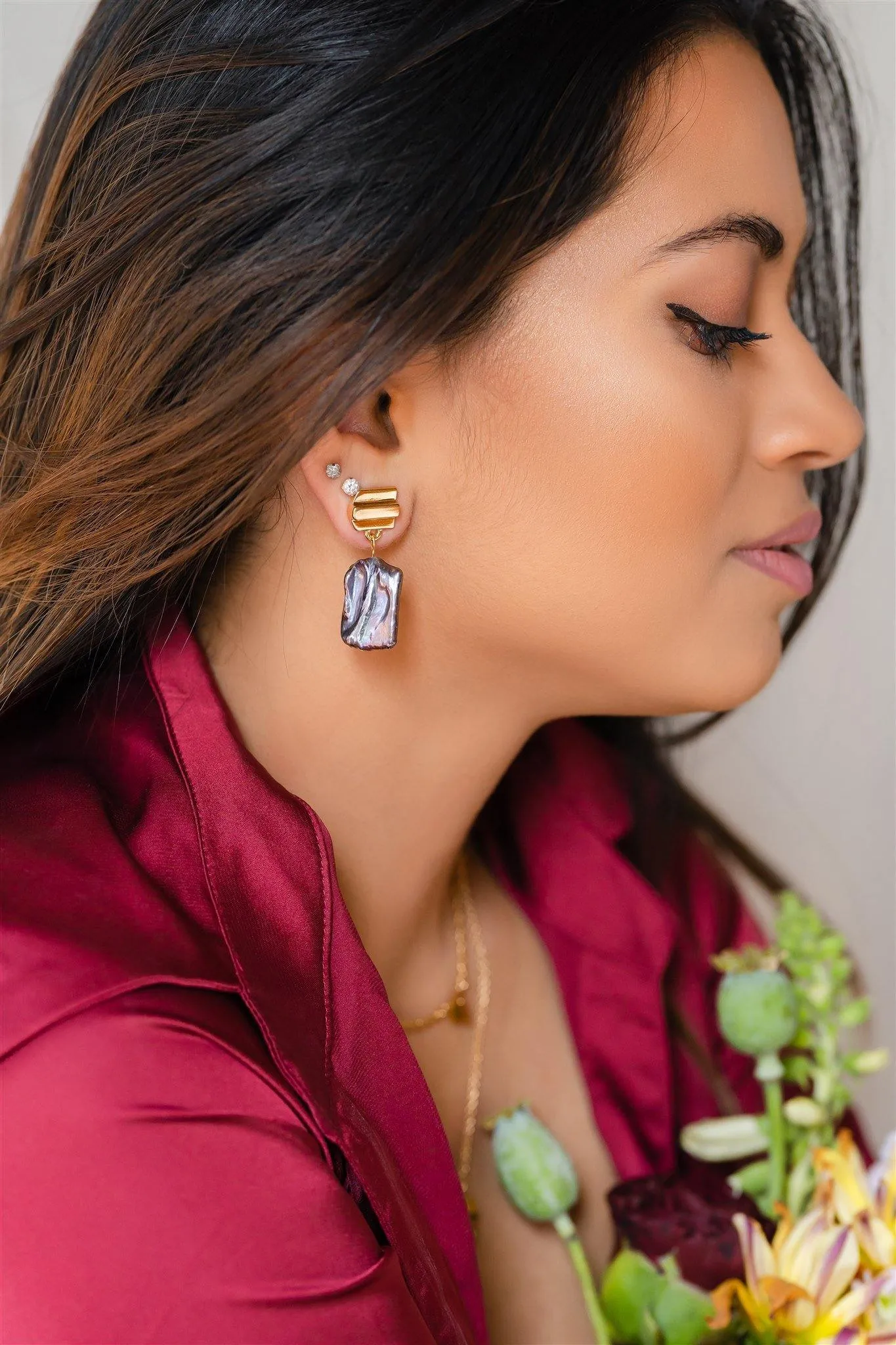 gold layered dome   peacock pearl earrings