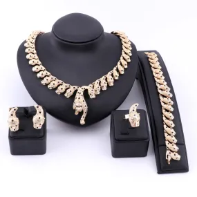 Gold-Plated Crystal Leopard Necklace, Bracelet, Earrings & Ring Wedding Statement Jewelry Set