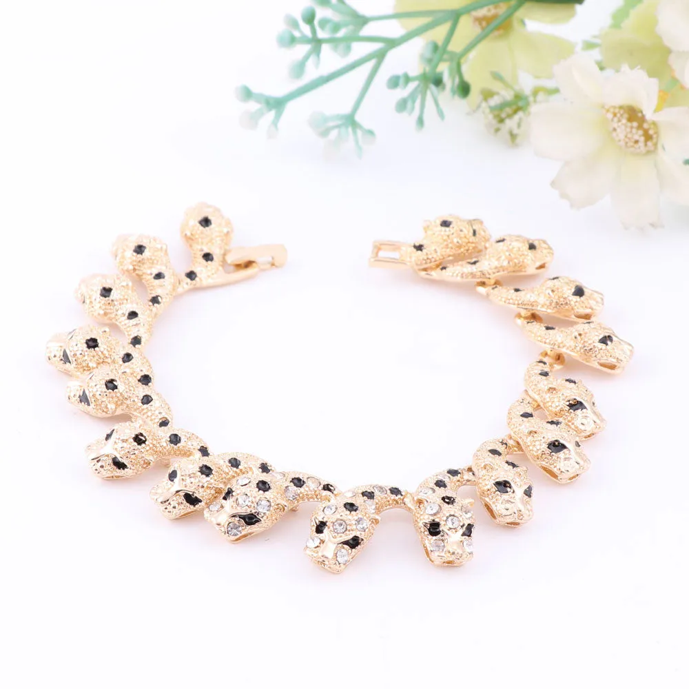 Gold-Plated Crystal Leopard Necklace, Bracelet, Earrings & Ring Wedding Statement Jewelry Set