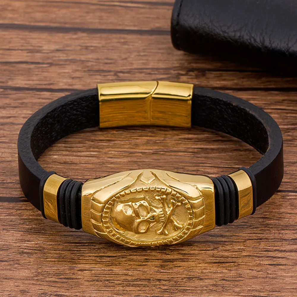 Gold-Plated Stainless Steel Black Leather Skull Bracelet