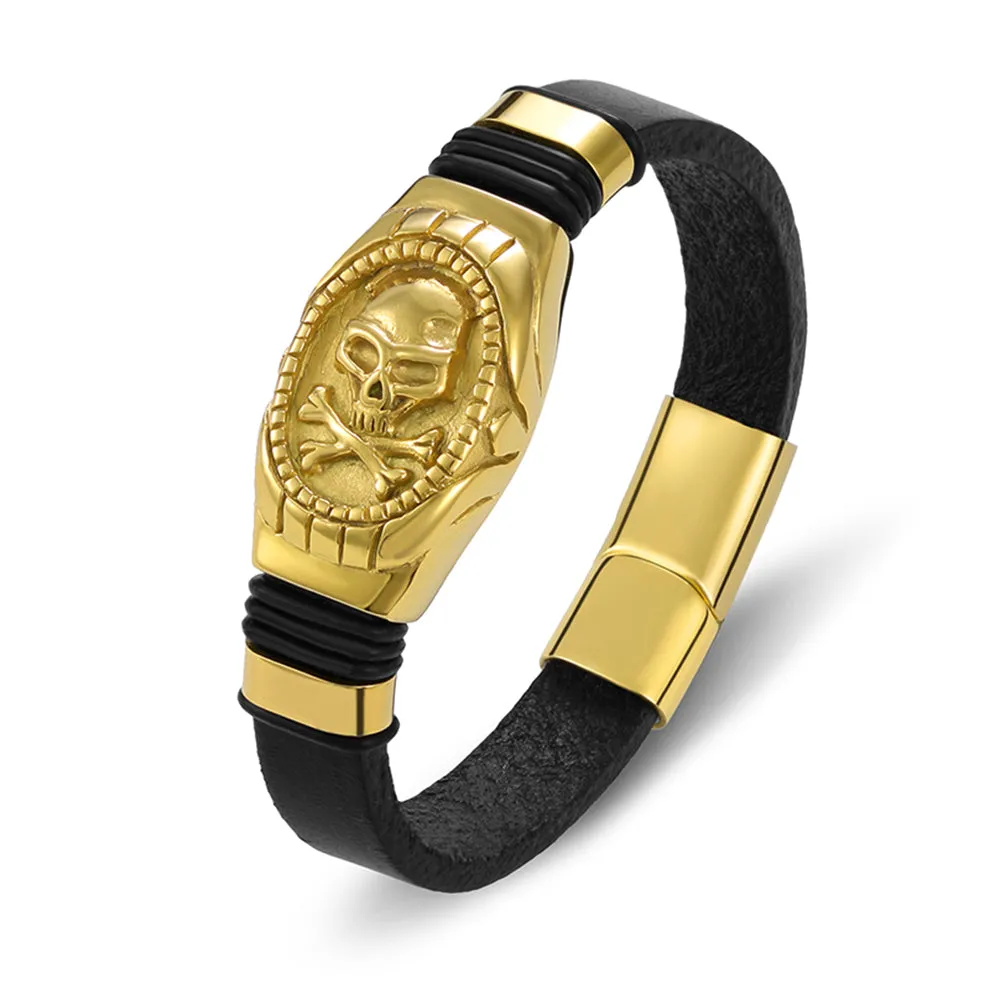 Gold-Plated Stainless Steel Black Leather Skull Bracelet