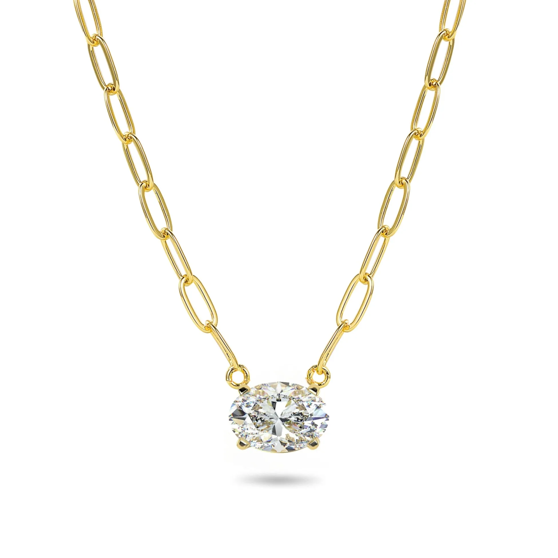 Gold-plated Sterling Silver CZ Solitaire Necklace on Paperclip Chain