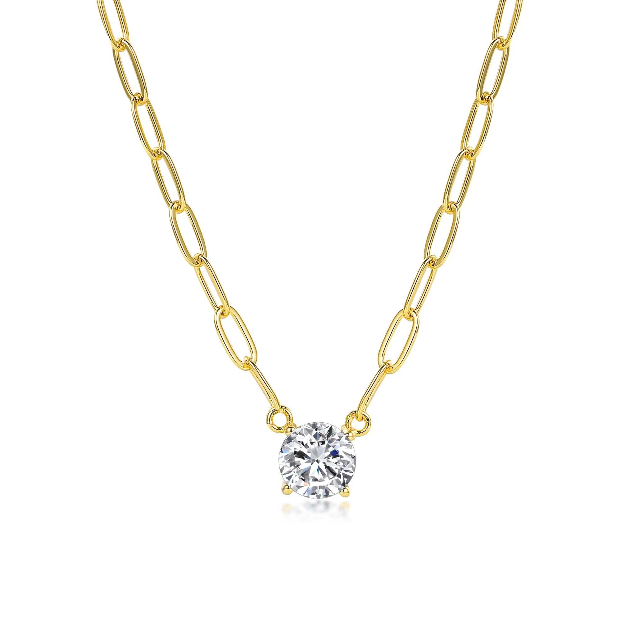 Gold-plated Sterling Silver CZ Solitaire Necklace on Paperclip Chain