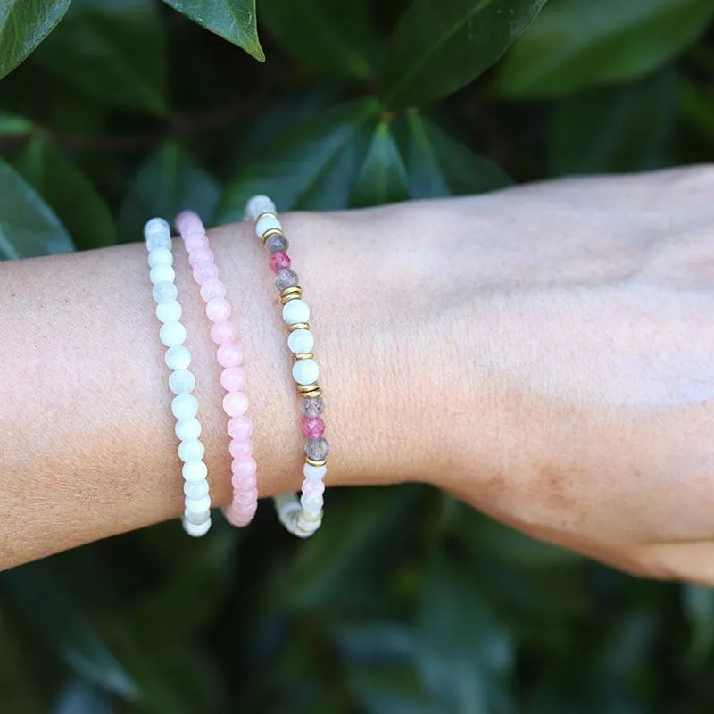 Green Moonstone and Rose Quartz Delicate Bracelet Stack