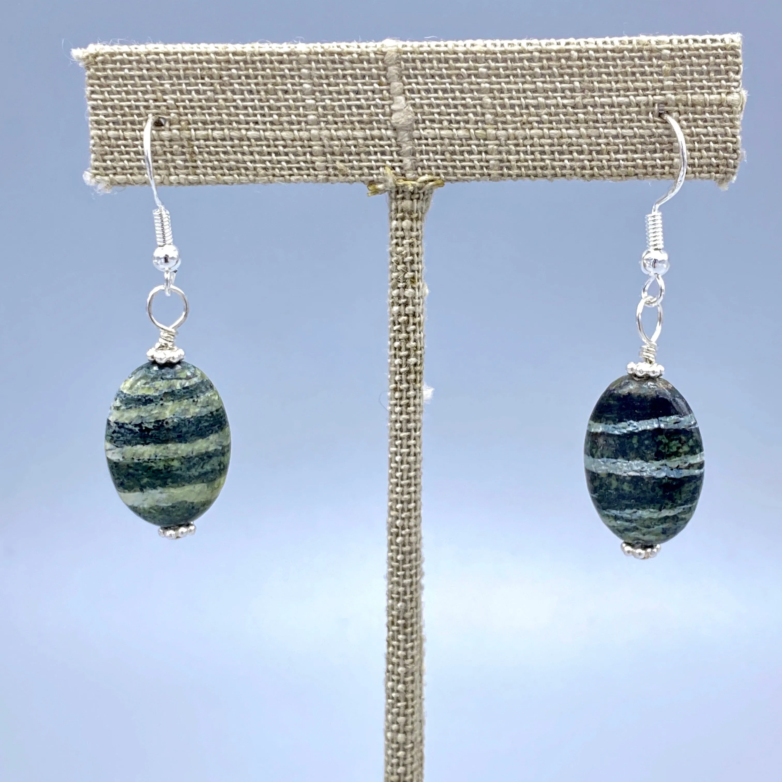 Green Zebra Jasper Gemstone and Sterling Silver Drop Earrings