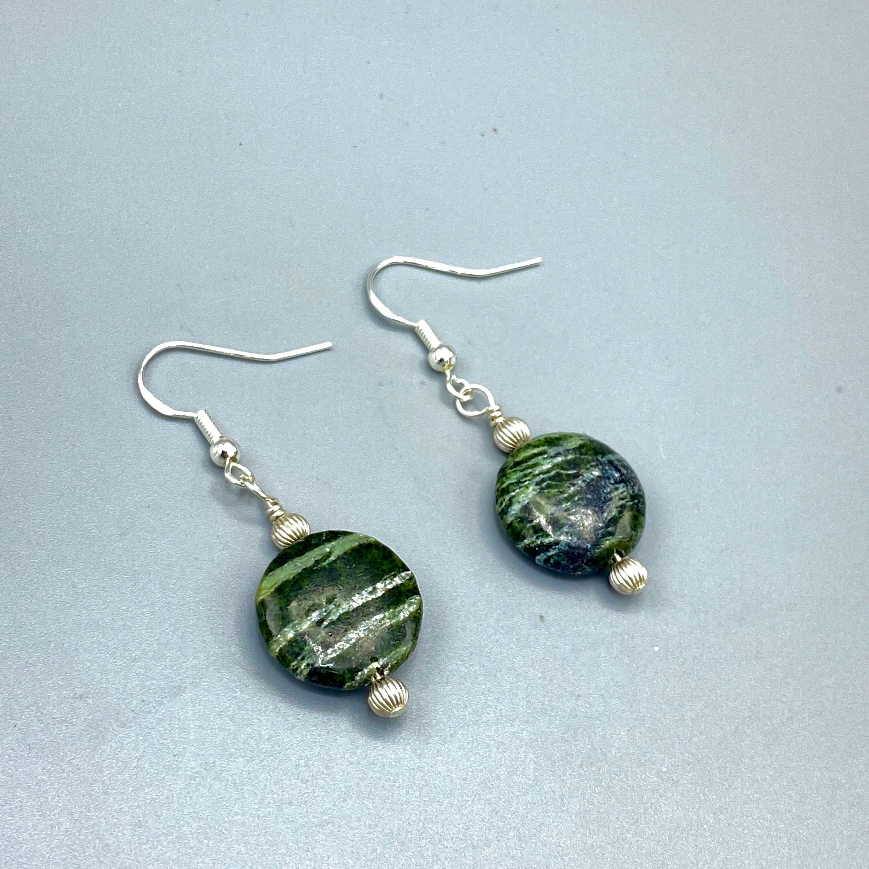 Green Zebra Jasper Gemstone and Sterling Silver Drop Earrings