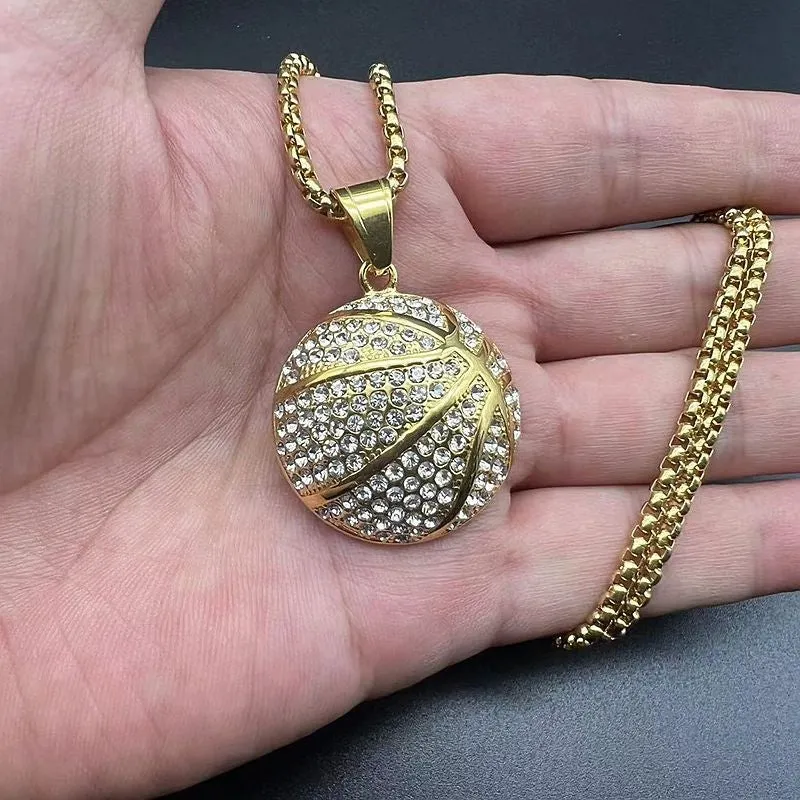 Hip Hop Stainless Steel Gilded Diamond Basketball Pendant