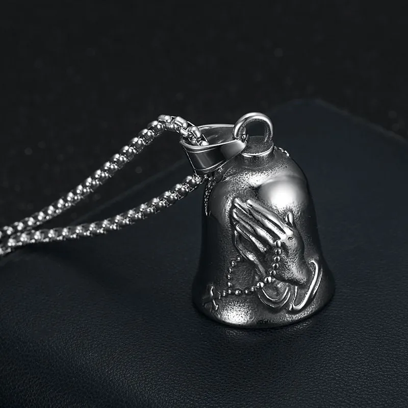 Hip Hop Titanium Steel Vintage Punk Prayer Hand Cross Motorcycle Ride Lucky Exorcism Bell Pendant