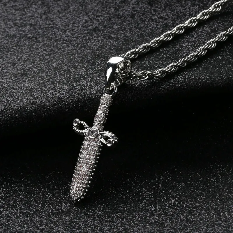 Iced Out Sword Pendant - Silver