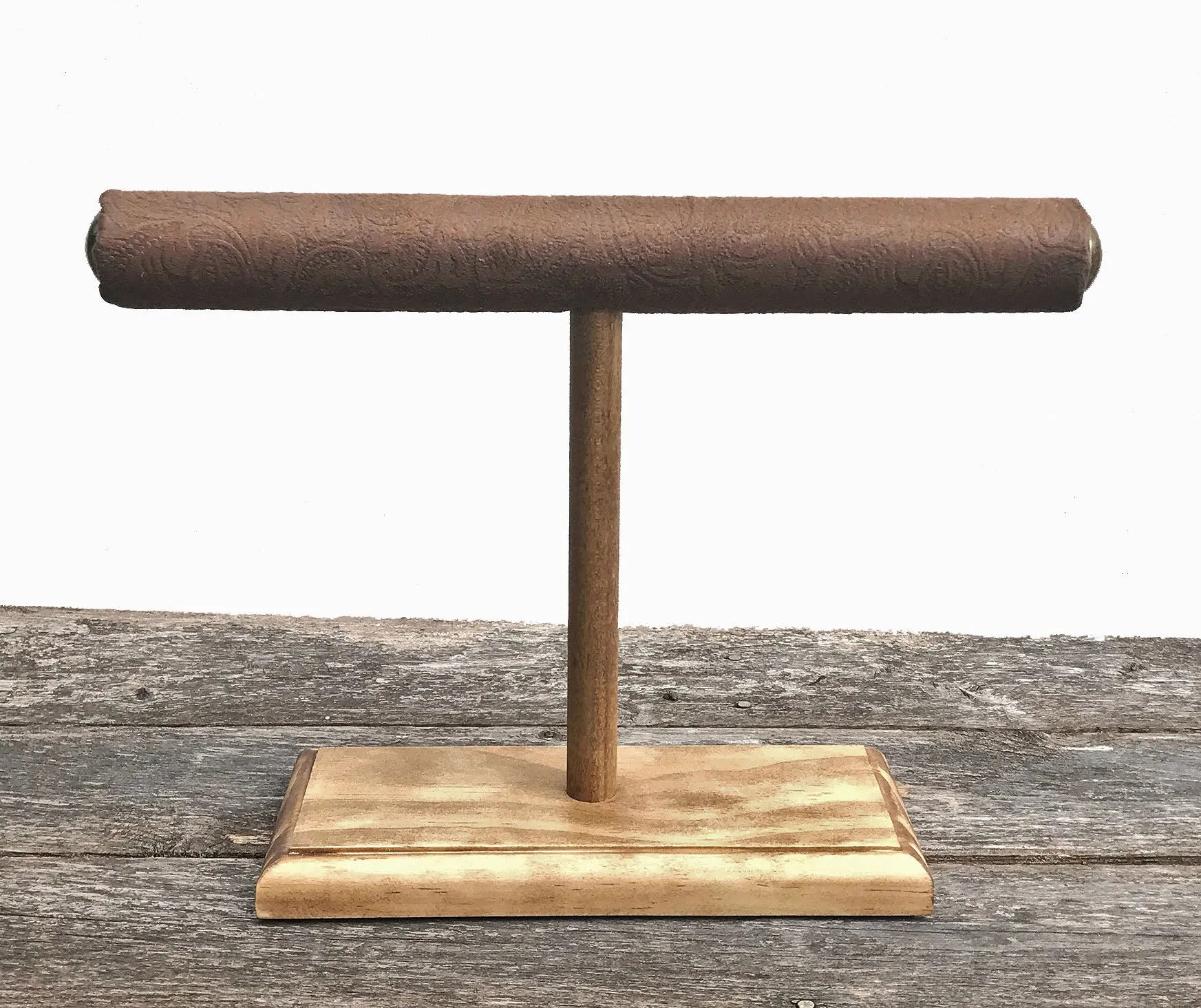 Jewelry Display, Bracelet Stand, Bracelet Holder, T-Bar Stand, Jewelry Storage, Wood Stand, Brown Floral Suede