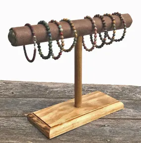 Jewelry Display, Bracelet Stand, Bracelet Holder, T-Bar Stand, Jewelry Storage, Wood Stand, Brown Floral Suede