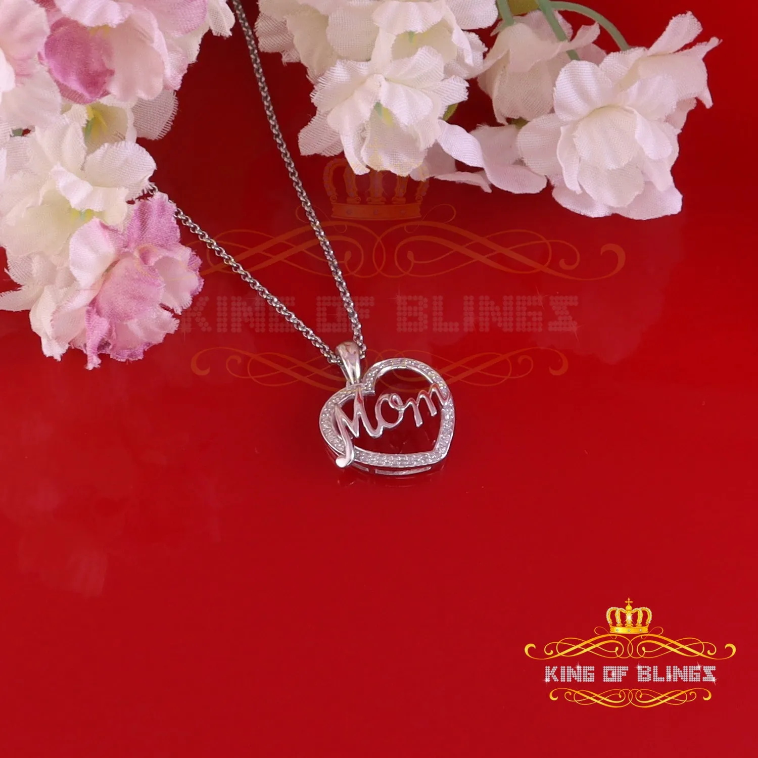 King Of Bling's Sterling Silver White Real 0.10CT Diamond HEART MOM'S Charm Necklace Pendant