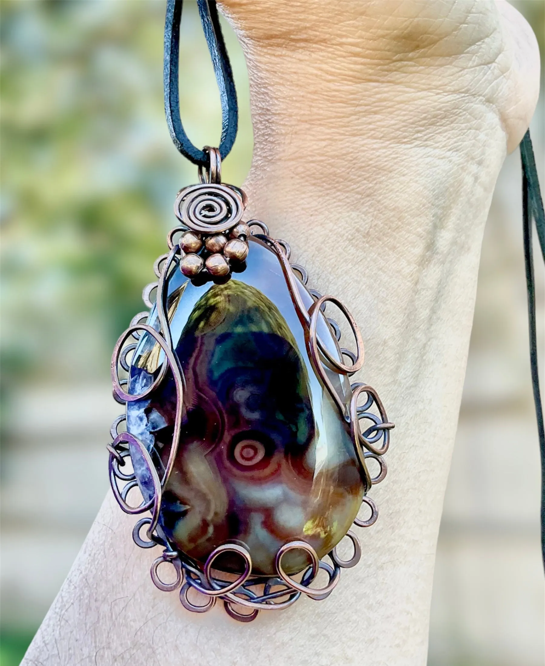 Large Druzy Geode Madagascan Agate Wire Wrapped Pendant