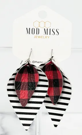 Leather Stacked Petal Earring Buffalo Plaid Red Mini on Black & White Stripe (Thin Stripes)