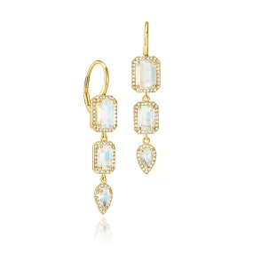 Leverback Emerald Cut & Pear Shape Moonstone Drop Earrings