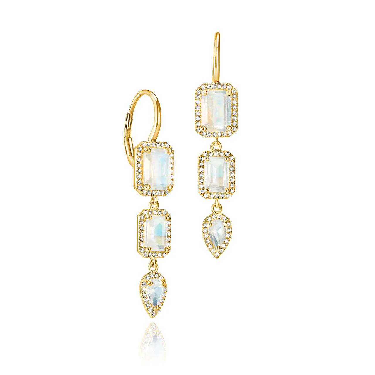 Leverback Emerald Cut & Pear Shape Moonstone Drop Earrings