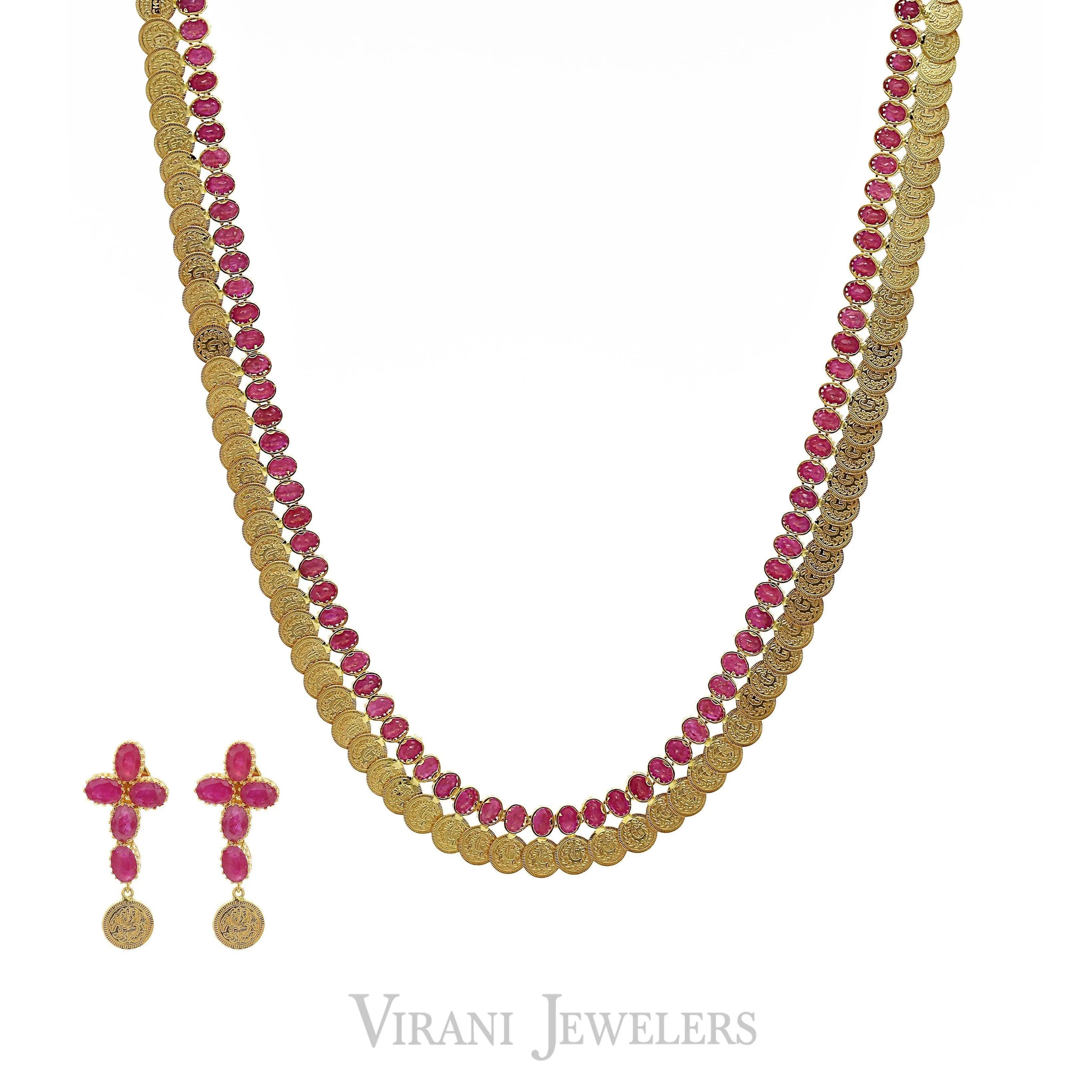 Long Kasu Necklace & Earrings Set W/ Faceted Rubies & Engraved Coins