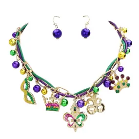 Mardi Gras Fleur de Lis Mask Crown Pendant Thread Jewelry Set