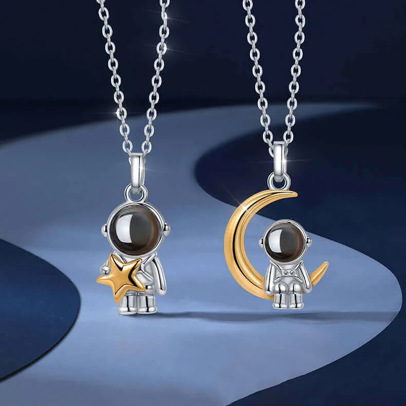 Matching Star & Moon Astronaut Necklace with Picture Inside