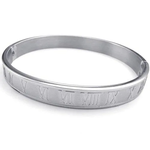 Men Women Stainless Steel Bracelet, Classic Roman Numeral Cuff Bangle, Silver