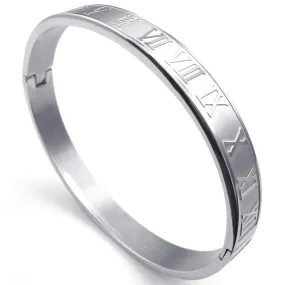 Men Women Stainless Steel Bracelet, Classic Roman Numeral Cuff Bangle, Silver