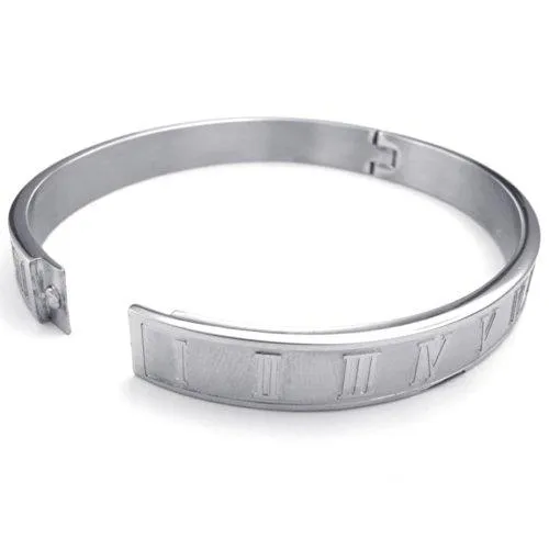 Men Women Stainless Steel Bracelet, Classic Roman Numeral Cuff Bangle, Silver