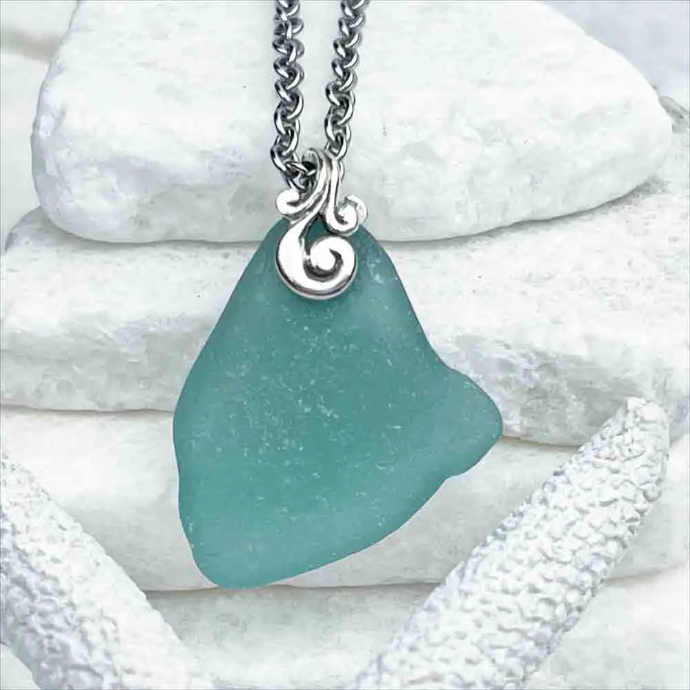 Mesmerizing Teal Sea Glass Pendant with Ocean Waves Bail  | #1733