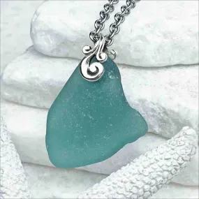 Mesmerizing Teal Sea Glass Pendant with Ocean Waves Bail  | #1733