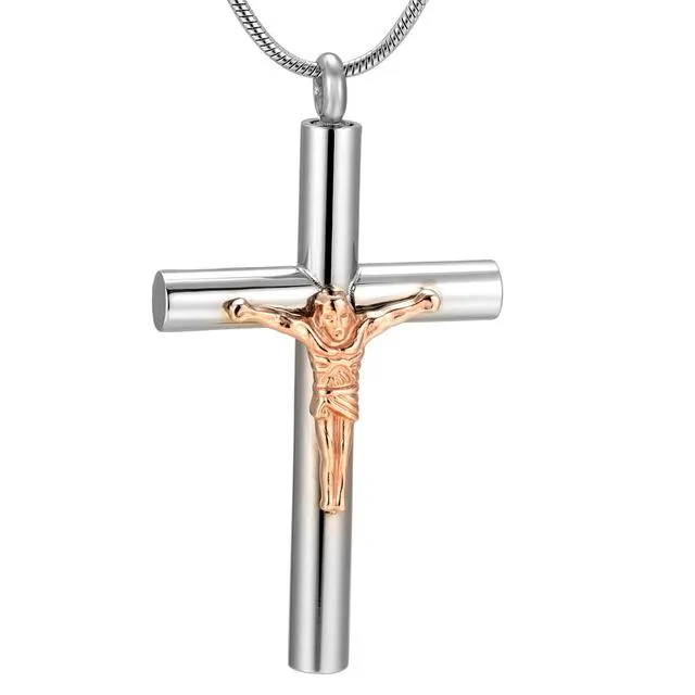 Metallic Jesus Christ Crucifixion Memorial Mini-Urn Pendant Necklace