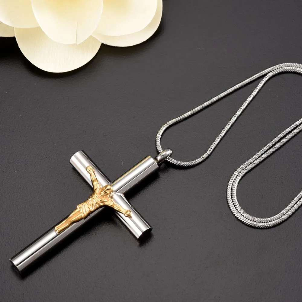 Metallic Jesus Christ Crucifixion Memorial Mini-Urn Pendant Necklace