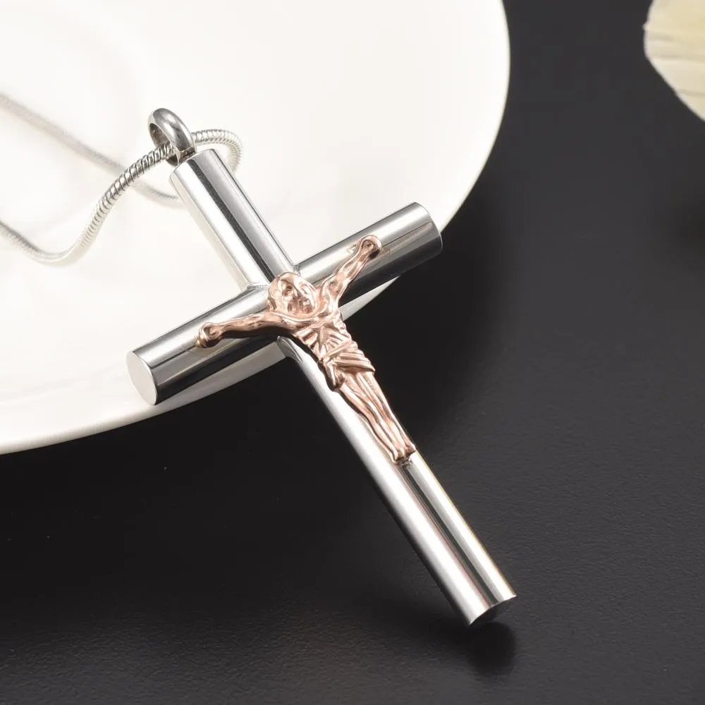 Metallic Jesus Christ Crucifixion Memorial Mini-Urn Pendant Necklace