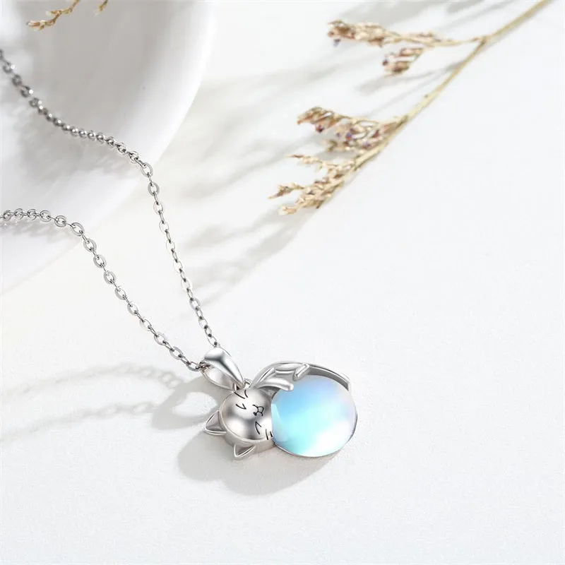 Moonstone Cat Necklace 925 Sterling Silver Cat Pendant Necklace Gift for Women Daughter Mother