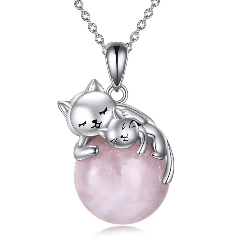 Moonstone Cat Necklace 925 Sterling Silver Cat Pendant Necklace Gift for Women Daughter Mother