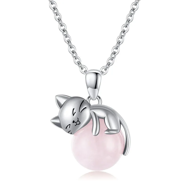 Moonstone Cat Necklace 925 Sterling Silver Cat Pendant Necklace Gift for Women Daughter Mother