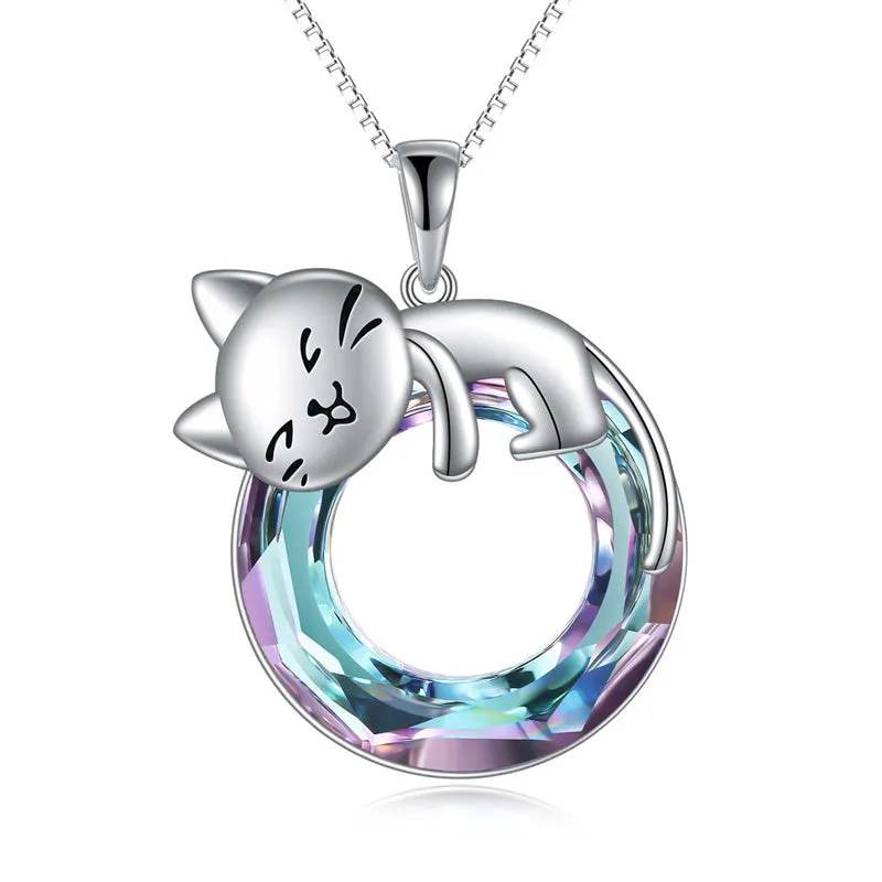 Moonstone Cat Necklace 925 Sterling Silver Cat Pendant Necklace Gift for Women Daughter Mother